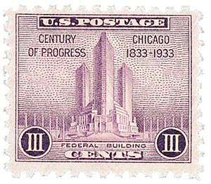 
进步的世纪，1833-1933，3美分，紫色，芝加哥联邦大楼，1933年5月25日